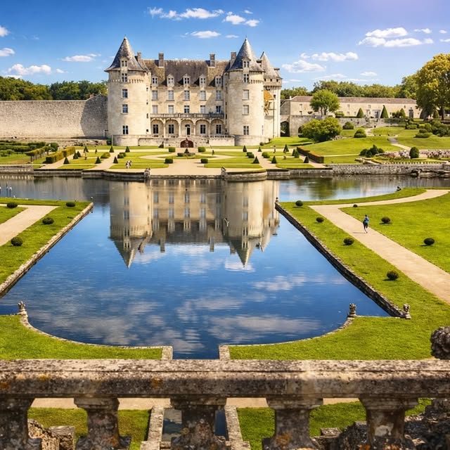 A château reflected in its surrounding water